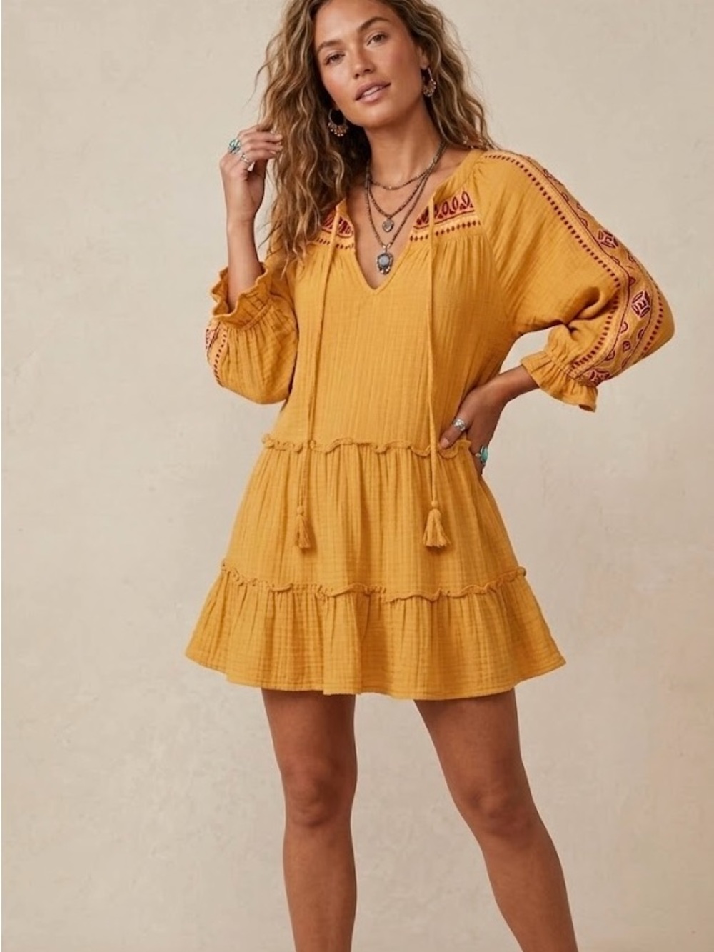 Code x Mode Boho Embroidered Peasant Dress- Marigold Yellow Oversized